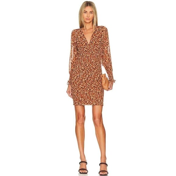 NWT Steve Madden Women's Printed Carly Smocked Dress Mocha Bisque Large - Picture 1 of 10